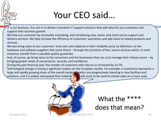Your CEO said…
IT is our business. Our aim is to deliver innovative IT support solutions that add value for our customers and
support their business growth.
We help our customers by constantly innovating, and introducing new, easier, and more secure support and
delivery services. We help increase the efficiency of customers' operations and add value to related products and
services.
We also bring value to our customers’ end-users who depend on their reliability (and, by definition, to the
hardware and software suppliers that serve them) – through the provision of fast, secure services which, in most
instances, benefit from a valuable quality guarantee.
And, of course, we bring value to the consumers and the businesses that use us to manage their infrastructure – by
bringing greater levels of convenience, security, and confidence.
During the past financial year, the number of customers who rely on us increased by 14.7%.
Technological change is having a significant impact on the European market. For example, e-commerce represents a
large and rapidly growing share of the overall market, retailers are progressively investing in new facilities and
solutions, and it is widely anticipated that mobile devices will come to be used to initiate sales on a mass scale.




                                                                       What the ****
                                                                      does that mean?
  02 August 2012                               ©Q:PIT Ltd 2011-2012                                           60
 