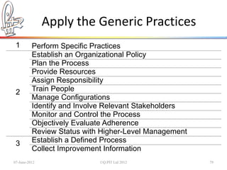 Apply the Generic Practices
 1        Perform Specific Practices
          Establish an Organizational Policy
          Plan the Process
          Provide Resources
          Assign Responsibility
 2        Train People
          Manage Configurations
          Identify and Involve Relevant Stakeholders
          Monitor and Control the Process
          Objectively Evaluate Adherence
          Review Status with Higher-Level Management
 3        Establish a Defined Process
          Collect Improvement Information
07-June-2012                ©Q:PIT Ltd 2012            79
 