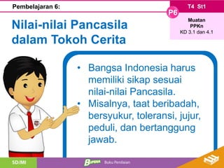 T4 St1
P6
Muatan
PPKn
KD 3.1 dan 4.1
Pembelajaran 6:
Nilai-nilai Pancasila
dalam Tokoh Cerita
• Bangsa Indonesia harus
memiliki sikap sesuai
nilai-nilai Pancasila.
• Misalnya, taat beribadah,
bersyukur, toleransi, jujur,
peduli, dan bertanggung
jawab.
 