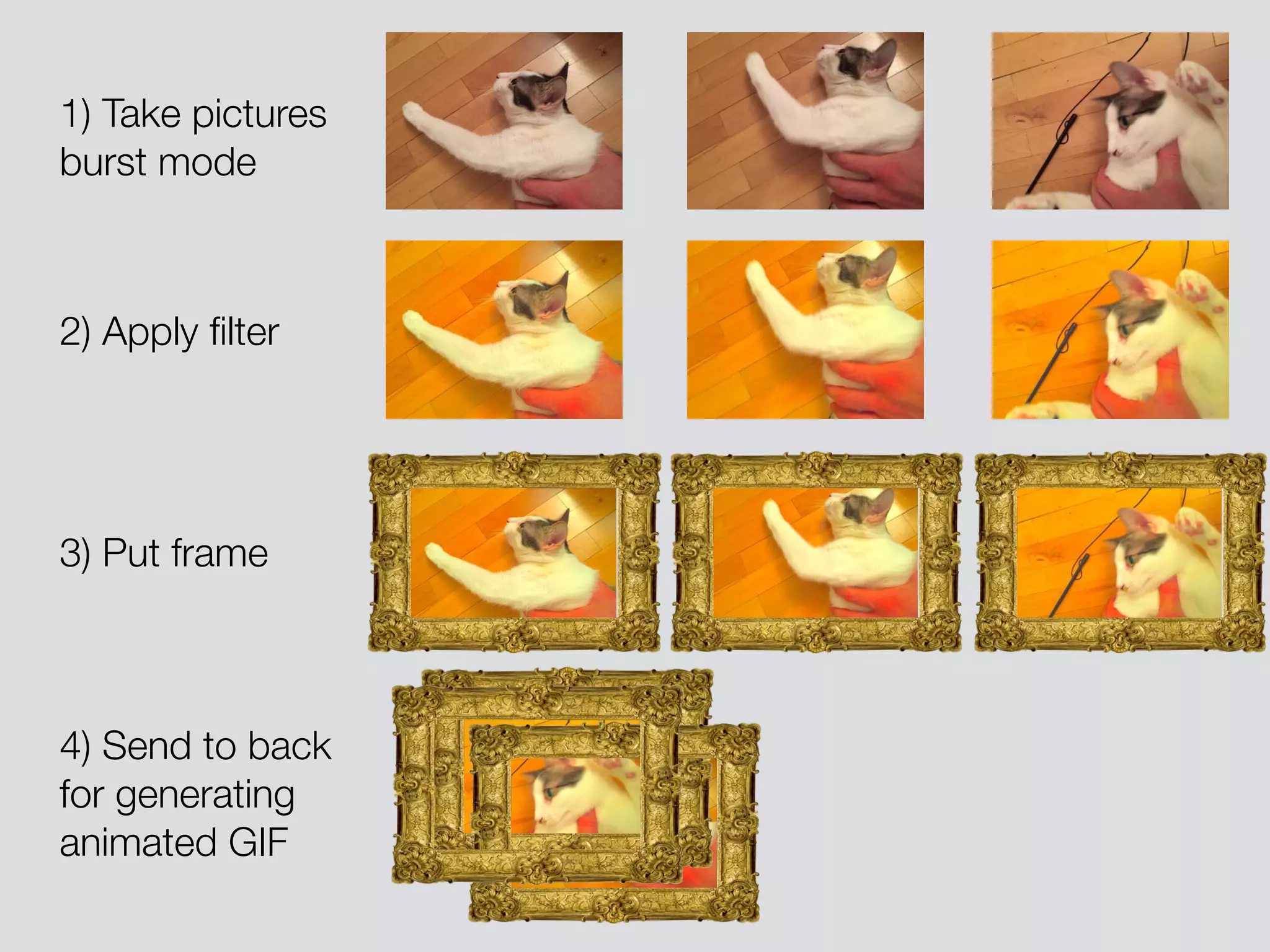 1) Take pictures burst mode 2) Apply ﬁlter 3) Put frame 4) Send to back for generating animated GIF 