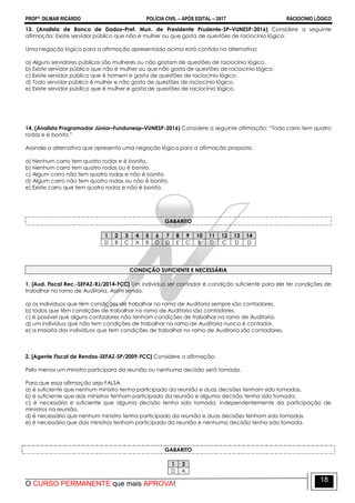 PROFº: DILMAR RICARDO POLÍCIA CIVIL – APÓS EDITAL – 2017 RACIOCÍNIO LÓGICO
O CURSO PERMANENTE que mais APROVA!
18
13. (Analista de Banco de Dados–Pref. Mun. de Presidente Prudente-SP–VUNESP-2016) Considere a seguinte
afirmação: Existe servidor público que não é mulher ou que gosta de questões de raciocínio lógico.
Uma negação lógica para a afirmação apresentada acima está contida na alternativa:
a) Alguns servidores públicos são mulheres ou não gostam de questões de raciocínio lógico.
b) Existe servidor público que não é mulher ou que não gosta de questões de raciocínio lógico.
c) Existe servidor público que é homem e gosta de questões de raciocínio lógico.
d) Todo servidor público é mulher e não gosta de questões de raciocínio lógico.
e) Existe servidor público que é mulher e gosta de questões de raciocínio lógico.
14. (Analista Programador Júnior–Fundunesp–VUNESP-2016) Considere a seguinte afirmação: “Todo carro tem quatro
rodas e é bonito.”
Assinale a alternativa que apresenta uma negação lógica para a afirmação proposta.
a) Nenhum carro tem quatro rodas e é bonito.
b) Nenhum carro tem quatro rodas ou é bonito.
c) Algum carro não tem quatro rodas e não é bonito.
d) Algum carro não tem quatro rodas ou não é bonito.
e) Existe carro que tem quatro rodas e não é bonito.
GABARITO
1 2 3 4 5 6 7 8 9 10 11 12 13 14
D B C A B D D E C B D C D D
CONDIÇÃO SUFICIENTE E NECESSÁRIA
1. [Aud. Fiscal Rec.-SEFAZ-RJ/2014-FCC] Um indivíduo ser contador é condição suficiente para ele ter condições de
trabalhar no ramo de Auditoria. Assim sendo,
a) os indivíduos que têm condições de trabalhar no ramo de Auditoria sempre são contadores.
b) todos que têm condições de trabalhar no ramo de Auditoria são contadores.
c) é possível que alguns contadores não tenham condições de trabalhar no ramo de Auditoria.
d) um indivíduo que não tem condições de trabalhar no ramo de Auditoria nunca é contador.
e) a maioria dos indivíduos que tem condições de trabalhar no ramo de Auditoria são contadores.
2. [Agente Fiscal de Rendas-SEFAZ-SP/2009-FCC] Considere a afirmação:
Pelo menos um ministro participará da reunião ou nenhuma decisão será tomada.
Para que essa afirmação seja FALSA
a) é suficiente que nenhum ministro tenha participado da reunião e duas decisões tenham sido tomadas.
b) é suficiente que dois ministros tenham participado da reunião e alguma decisão tenha sido tomada.
c) é necessário e suficiente que alguma decisão tenha sido tomada, independentemente da participação de
ministros na reunião.
d) é necessário que nenhum ministro tenha participado da reunião e duas decisões tenham sido tomadas.
e) é necessário que dois ministros tenham participado da reunião e nenhuma decisão tenha sido tomada.
GABARITO
1 2
D A
 