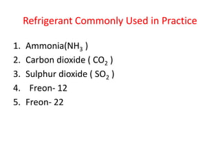 Refrigerant Commonly Used in Practice
1. Ammonia(NH3 )
2. Carbon dioxide ( CO2 )
3. Sulphur dioxide ( SO2 )
4. Freon- 12
5. Freon- 22
 