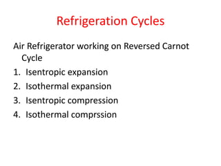 Refrigeration Cycles
Air Refrigerator working on Reversed Carnot
Cycle
1. Isentropic expansion
2. Isothermal expansion
3. Isentropic compression
4. Isothermal comprssion
 