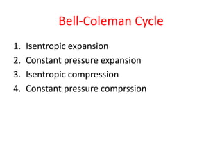 Bell-Coleman Cycle
1. Isentropic expansion
2. Constant pressure expansion
3. Isentropic compression
4. Constant pressure comprssion
 