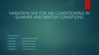VARIATION SHF FOR AIR CONDITIONING IN
SUMMER AND WINTER CONDITIONS
PRESENTED BY:
11BME007 - KUSH BHANVADIYA
15BME014 - KRISHNA BHUVA
13BME040 - KULDEEEP JADEJA
11BME045 - CHARCHIT JOSHI
11BME055 - CHANDNI BHUVA
 