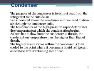 Condenser
The purpose of the condenser is to extract heat from the
refrigerant to the outside air.
Fans mounted above the condenser unit are used to draw
air through the condenser coils.
The temperature of the high-pressure vapor determines
the temperature at which the condensation begins.
As heat has to flow from the condenser to the air, the
condensation temperature must be higher than that of
the air.
The high-pressure vapor within the condenser is then
cooled to the point where it becomes a liquid refrigerant
once more, whilst retaining some heat.
17Basic Concepts in Refrigration
 