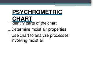 PSYCHROMETRIC
CHART
Identify parts of the chart
Determine moist air properties
Use chart to analyze processes
involving moist air
 