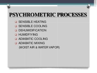 PSYCHROMETRIC PROCESSES
 SENSIBLE HEATING
 SENSIBLE COOLING
 DEHUMIDIFICATION
 HUMIDFIYING
 ADIABATIC COOLING
 ADIABATIC MIXING
(MOIST AIR & WATER VAPOR)
 