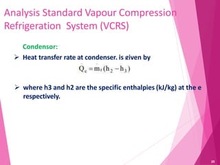 Analysis Standard Vapour Compression
Refrigeration System (VCRS)
Condensor:
 Heat transfer rate at condenser, is given by
 where h3 and h2 are the specific enthalpies (kJ/kg) at the e
respectively.
25
 