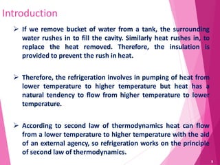 Introduction
 If we remove bucket of water from a tank, the surrounding
water rushes in to fill the cavity. Similarly heat rushes in, to
replace the heat removed. Therefore, the insulation is
provided to prevent the rush in heat.
 Therefore, the refrigeration involves in pumping of heat from
lower temperature to higher temperature but heat has a
natural tendency to flow from higher temperature to lower
temperature.
 According to second law of thermodynamics heat can flow
from a lower temperature to higher temperature with the aid
of an external agency, so refrigeration works on the principle
of second law of thermodynamics.
5
 