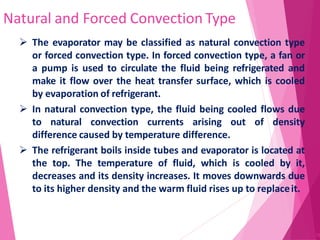 Natural and Forced Convection Type
72
 The evaporator may be classified as natural convection type
or forced convection type. In forced convection type, a fan or
a pump is used to circulate the fluid being refrigerated and
make it flow over the heat transfer surface, which is cooled
by evaporation of refrigerant.
 In natural convection type, the fluid being cooled flows due
to natural convection currents arising out of density
difference caused by temperature difference.
 The refrigerant boils inside tubes and evaporator is located at
the top. The temperature of fluid, which is cooled by it,
decreases and its density increases. It moves downwards due
to its higher density and the warm fluid rises up to replaceit.
 