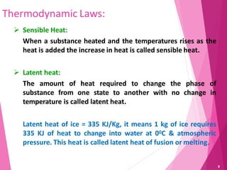 Thermodynamic Laws:
 Sensible Heat:
When a substance heated and the temperatures rises as the
heat is added the increase in heat is called sensible heat.
 Latent heat:
The amount of heat required to change the phase of
substance from one state to another with no change in
temperature is called latent heat.
Latent heat of ice = 335 KJ/Kg, it means 1 kg of ice requires
335 KJ of heat to change into water at 00C & atmospheric
pressure. This heat is called latent heat of fusion or melting.
8
 
