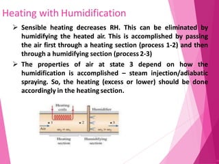 Heating with Humidification
96
 Sensible heating decreases RH. This can be eliminated by
humidifying the heated air. This is accomplished by passing
the air first through a heating section (process 1-2) and then
through a humidifying section (process 2-3)
 The properties of air at state 3 depend on how the
humidification is accomplished – steam injection/adiabatic
spraying. So, the heating (excess or lower) should be done
accordingly in the heatingsection.
 