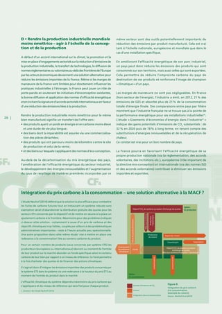 26 |
D • Rendre la production industrielle mondiale
moins émettrice – agir à l’échelle de la concep-
tion et de la production
A défaut d’un accord international sur le climat, la promotion et la
miseenplaced’engagementssectorielssurlaréductiond’émissionsde
la production industrielle, le transfert de technologies, la diffusion de
normesréglementairesouvolontairesau-delàdesfrontièresdel’Europe
par les acteurs économiques deviennent une solution alternative pour
réduire les émissions importées de la France. Même si les marges de
manœuvre de la France sont limitées pour directement influencer les
pratiques industrielles à l’étranger, la France peut jouer un rôle de
porte-parole en soutenant les initiatives d’écoconception existantes,
la bonne diffusion et application des normes d’efficacité énergétique
etenincitantlasignatured’accordssectorielsinternationauxenfaveur
d’une réduction des émissions liées à la production.
Rendre la production industrielle moins émettrice pour le même
bien manufacturé signifie un transfert de l’offre vers :
• des produits ayant un poids en énergie et en carbone moins élevé
et une durée de vie plus longue ;
• des biens dont la réparabilité est assurée via une commercialisa-
tion des pièces détachées ;
• des produits qui ont parcouru moins de kilomètre s entre le site
de production et celui de la vente ;
• et des biens sur lesquels s’appliquent des normes d’éco-conception.
Au-delà de la décarbonisation du mix énergétique des pays,
l’amélioration de l’efficacité énergétique du secteur industriel,
le développement des énergies renouvelables et l’augmentation
du taux de recyclage de matières premières incorporées par ce
même secteur sont des outils potentiellement importants de
réduction des émissions par produit manufacturé. Cela est vrai
tant à l’échelle nationale, européenne et mondiale que dans le
cas d’une installation spécifique.
En améliorant l’efficacité énergétique de son parc industriel,
un pays peut donc réduire les émissions des produits qui sont
consommés sur son territoire, mais aussi celles qui sont exportées.
Cela permettra de réduire l’empreinte carbone du pays de
destination de ces produits et renforcera l’image de champion
« climatique » d’un pays.
Les marges de manœuvre ne sont pas négligeables. En France
(hors secteur de l’énergie), l’industrie a émit, en 2012, 21 % des
émissions de GES et absorbé plus de 21 % de la consommation
totale d’énergie finale. Des comparaisons entre pays par filière
montrent que l’industrie française ne se trouve pas à la pointe de
la performance énergétique pour ses installations industrielles40
.
L’étude « Gisements d’économies d’énergie dans l’industrie41
 »
indique des gains potentiels d’émissions de CO2
substantiels : de
32 % en 2020 puis de 78 % à long terme, en tenant compte des
substitutions d’énergies renouvelables et de la récupération de
chaleur.
Ce constat est vrai pour un bon nombre de pays.
La France pourra en favorisant l’efficacité énergétique de sa
propre production nationale (via la réglementation, des accords
volontaires, des incitations etc.), européenne (rôle important de
la directive éco-conception) et internationale (via des normes ISO
et des accords volontaires) contribuer à diminuer ses émissions
importées et exportées.
L’étude Neuhof (2014) défend que la solution la plus efficace pour combattre
les fuites de carbone futures tout en instaurant un système robuste sans
exemption serait d’abandonner la distribution gratuite des quotas pour les
secteurs ETS concernés par le dispositif et de mettre en œuvre à la place un
ajustement carbone à la frontière. Néanmoins pour des problèmes indiqués
ci-dessus cette solution – notamment à cause d’un prix de carbone et des
objectifs climatiques trop faibles, couplés par ailleurs à des problématiques
administratives importantes – reste à l’heure actuelle peu opérationnelle.
Une autre proposition dans cette même étude1
vise à mettre en place une
redevance à la consommation liée au contenu carbone du produit.
Pour un certain nombre de produits (ceux concernés par système ETS) les
producteurs (européens ou internationaux) devront au moment de l’entrée
de leur produit sur le marché abonder un fonds spécifique selon le contenu
carbone de leur bien par rapport à un niveau de référence. Ce fond permettra
à la fois d’acheter des quotas et de financer des actions climatiques.
Il s’agirait donc d’intégrer les émissions importées des produits concernés par
le système ETS dans le système via une redevance à la hauteur du prix ETS au
moment de l’entrée du produit dans le marché.
L’efficacité climatique du système dépendra néanmoins du prix carbone qui
s’appliquera et du niveau de référence qui sera fixé pour chaque produit.
Intégration du prix carbone à la consommation – une solution alternative à la MACF ?
1. Annexe 2 de l’étude Neuhoff (2014)
Quotas d’émissions de CO2
Ciment
Intégration dans la consommation
Sphère
de production
Sphère
de consommation
Fonds
Producteur
de ciment
Commerçant
Objectif CO2
du système européen d’échange de quotas
Financement
de politiques
climatiques
Achatdequotasd’émissions
Export de ciment
Importation
Miseauxenchères
Production
*benchmark
Objectif CO2
du système européen
d’échange de quotas
Mise aux enchères Production * benchmark
consommation
consommation
Figure 9.
Intégration du prix carbone
à la consommation
(exemple du ciment)
Source : Neuhoff et al (2014)
 