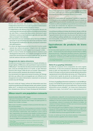 40 |
Hormis une diminution des émissions importées, améliorer
l’indépendancedelaFrancevis-à-visdesimportationsd’alimentation
animale aura des impacts positifs à plusieurs niveaux :
• l’indépendance des éleveurs face à la fluctuation des prix du
marché agricole international renforcera la résilience économique
de cette filière. La baisse des importations diminuera la part
d’émissions contenue dans les produits agricoles ainsi que celles
liées au transport international ;
• les importations de soja notamment ont un fort taux d’OGM (en
particulier le soja d’Amérique du sud) et leur production induit
des changements d’affectation des sols, provoquant notamment
de la déforestation ;
• la culture de légumineuses permet d’enrichir le sol en azote
naturel, leur culture est souvent intégrée dans des rotations
longues, favorisant le couvert végétal tout le long de l’année ;
• enfin, la mise à l’herbe des cheptels permet le maintien ou le
développement des prairies, aux multiples avantages en terme de
préservation de la biodiversité et de la qualité de l’eau, de rôle de
puits de carbone et de lutte contre l’érosion des sols.
Changements des régimes alimentaires
Actuellement,laconsommationmoyenned’unfrançais estévaluée,en
énergieingérée,à3 500 kca / jour,alorsquelebesoinmoyenestestiméà
2 700 kcal / jour92
.Uneréductiondecettesurconsommationpermettrait
ainsi, outre les avantages directs sur la santé, un gain théorique
d’environ 30 % de gaz à effet de serre sur le poste « alimentation »
dont une bonne partie représente des émissions importées.
Une réorientation de l’approvisionnement du secteur de l’élevage
doit donc par ailleurs être accompagnée par une réflexion sur le
changement de modes d’alimentation notamment en termes de
produits issus de l’élevage.
Plus de la moitié de l’impact carbone de l’alimentation peut être
imputéauxproduitsissusdel’élevage(viande,œufs,poissons,produits
laitiers, etc.)93
. La réduction de la consommation de ces produits est
donc nécessaire pour diminuer l’impact climatique de l’alimentation.
Des journées végétariennes ou au moins la proposition généralisée
d’un menu alternatif sans viande dans les cantines scolaires et
d’entreprises devraient rapidement devenir la normalité.
En 2013 le conseil suédois de l’agriculture94
a publié un rapport qui
recommande la mise en place d’une taxe spécifique sur la viande. Le
rapport affirme que les actions volontaires des consommateurs et de
l’industrienesuffirontprobablementpasàlimiterlasurconsommation
de viande afin d’atteindre les objectifs environnementaux et
climatiques. Ce rapport n’a pas été suivi d’actions.
Les politiques publiques de baisse des émissions de gaz à effet de
serre liées aux importations pour les secteurs de l’agriculture et de
l’agroalimentaire devront dans tous les cas se faire dans le cadre
d’une politique publique globale pour une agriculture française
sûre et de qualité, à la fois pour l’environnement, les consomma-
teurs et les agriculteurs.
Mettre fin au gaspillage alimentaire
Au delà de la question de la composition de notre régime
alimentaire, un tiers de la production alimentaire mondiale est
perdu ou jeté, soit l’équivalent de 1,3 milliard de tonnes chaque
année. En Europe, le volume total annuel des déchets alimentaires
représenterait environ 89 millions de tonnes, soit 179 kg / hab / an.
La diminution rapide du poids de ces déchets permettra de
diminuer les émissions induites par le secteur agricole.
En France, le gaspillage alimentaire représente un coût de 400 € par
an pour une famille de quatre personnes, et un volume annuel de
20 à 30 kg par habitant de nourriture jetée dont 7 kg de produits
alimentaires encore emballés95
. Au niveau de la restauration
collective en régie, il est estimé96
qu’un repas (préparation et
Extrait du scénario Afterres 2050 - Solagro1
L’agriculture française devra, en 2050, nourrir 72 millions d’habitants2
, soit
12 % de plus qu’en 2010. Que faut-il donc manger ? En quelle quantité ? La
réponse n’est ni simple ni univoque.
Mais on peut s’accorder sur quelques constats qui pointent des enjeux ma-
jeurs de santé publique :
• L’alimentation d’aujourd’hui, riche en graisses et en aliments à forte den-
sité énergétique, centrée autour d’aliments d’origine animale, a remplacé
notre alimentation traditionnelle. Cette modification a joué un rôle clé
dans l’augmentation de la prévalence des maladies chroniques d’origine
nutritionnelle considérées comme évitables : obésité, diabète, maladies car-
dio-vasculaires, cancers et ostéoporose principalement (d’après un rapport
commun à l’OMS et à la FAO publié en 20023
).
• Aux méfaits de la « malbouffe » et d’une alimentation trop riche, s’ajoutent
d’autres facteurs liés à nos modes de production agricole. Plusieurs études4
établissent un lien entre certaines molécules de synthèse (pesticides, mais
aussi plastiques, métaux) et la prévalence de l’obésité et du diabète. Ces
substances chimiques viendraient interférer avec nos hormones naturelles
et perturber notre système endocrinien.
• On notera enfin que le taux d’obésité en France, s’il reste parmi les plus bas
des pays de l’OCDE, progresse de façon régulière et touche, en 2009, 14,5 %
des français, contre 8,5 % en 1997. Un des phénomènes les plus inquiétants
est l’obésité infantile qui aurait augmenté de 300 % en dix ans !
En outre, on estime que le tiers des aliments destinés à l’alimentation
humaine est perdu ou gaspillé, entre le champ et l’assiette.
Mieux nourrir une population croissante
4. Review of the science linking chemical exposures to the human risk of obesity and diabetes,
revue CHEM trust obesity, and diabetes, Janvier 2012 Montgomery MP and coll : Incident diabetes
and pesticides exposure among li - censed pesticides applicators, Agriculture Health study
1993-2003 Am. J. of Epidemiology 2008 ; 167: 1235-46
1. Solagro (2013) « Un scénario soutenable pour l’agriculture et l’utilisation des terres en France
à l’horizon 2050 »
2. Scénario INSEE, Scénario central de projection, publié fin 2010 – « Estimations de population
et projection de population 2007-2060 »
3. OMS, FAO (2002) « Alimentation, nutrition et prévention des maladies chroniques », OMS
(Organisation Mondiale de la Santé), FAO (Organisation des Nations Unies pour l’Alimentation
Equivalences de produits de biens
agricoles
Le choix des produits agricoles à cultiver sur une surface limité n’est pas
anodin : 1 hectare permet de produire 82 kg de viande de bœuf ou 5 000 kg
de pommes de terres1
. L’Organisation des Nations Unies pour l’alimentation
et l’agriculture indique qu’il faudra 7 kg de céréales pour produire 1 kg de
viande bovine – en sachant que ce chiffre varie selon la forme de l’élevage2
.
1. Institut Bruxellois pour la gestion de l’environnement (2004) « Empreinte écologqiue des habitants
de ma région de Bruxelles-capitale »
2. Bruinsma (2003) « World agriculture : towards 2015 / 2030 » ; FAO, Earthscan, London, UK
 
