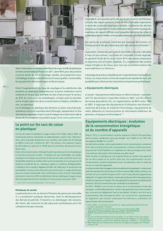 46 |
Selonl’associationprofessionnellePlasticsEurope,4,6 Mtdeplastiques
ont été consommées en France en 2011, dont 40 % pour des produits
à courte durée de vie (à recyclage rapide), principalement pour
l’emballage,lesecteurdesbâtimentsettravauxpublics,l’automobile,
les équipements électroménagers et électroniques.
Outre l’augmentation du taux de recyclage et la substitution des
produits en plastique (importés) par d’autres matériaux moins
carbonés et locaux (par exemple du bois d’œuvre pour le secteur
du BTP, du verre pour les emballages), compte aussi la sobriété,
soit la simple réduction de la consommation d’objets, emballés ou
non, en plastique.
Les emballages en plastique des aliments ou biens manufacturés,
achetés en France et manufacturés à l’étranger, représentent un flux
d’émissions importées. Il est crucial d’intégrer leur diminution dès la
phase de la conception du produit (page 30 de cette publication).
Peintures et vernis
La pétrochimie a mis un terme à l’histoire des peintures naturelles
il y a seulement quelques décennies. Avec le développement
des dérivés du pétrole, l’industrie a su développer des solvants,
des liants, des colorants et des adjuvants synthétiques pour les
utilisations les plus diverses.
Cependant, une grande partie des peintures et vernis synthétiques
entraîne des risques sanitaires (maux de tête et troubles respiratoires
à cause des composés organiques volatils), représente des déchets
toxiquesquinécessitentuntraitementparticulier,rendlerecyclagedes
matériaux de support difficile voire impossible (existence de colles) et
utilisedesproduitsfossiles,ainsiqueplusd’énergie,pourlaproduction.
Les peintures acryliques montrent par exemple un contenu en
énergie grise 9 fois plus élevé que celui des pentures minérales116
.
Cependant, il existe des peintures et vernis dits « naturels » diluables
à l’eau et sans solvant. Leur base est composée d’huile végétale,
en général l’huile de lin, et au moins 95 % des autres composants
et pigments sont d’origine végétale. Il y a également des enduits
à base d’argile ou de chaux, pour ceux qui souhaitent enduire des
murs extérieurs ou intérieurs.
L’avantageestqueleursingrédientssontmajoritairementaccessiblesen
France, au niveau local. Le choix de ces peintures représente donc une
possibilité pour diminuer les importations de peintures synthétiques.
Equipements électriques
Le poste « équipements électriques et électroniques » représen-
tait 5 % des émissions importées nettes en 2007, soit 20 millions
de tonnes équivalents CO2
, en augmentation de 80 % entre 1990
et 2007. Il regroupe des équipements d’utilisation très diverses :
machines de bureau et matériel informatique, équipements de
radio, télévision et communication et instruments médicaux, de
précision, d’optique et d’horlogerie117
.
Le point sur les sacs de caisse
en plastique1
Les sacs de caisse en plastique à usage unique font l’objet, depuis 2002, de
nombreuses actions volontaires ou réglementaires visant à leur réduction.
Ainsi, dans la grande distribution, leur nombre a été réduit de 10 milliards
en 2002 à moins de 1 milliard en 2011. Par ailleurs, leur taxation à partir
de 2014 (dans le cadre de la TGAP) devrait permettre de poursuivre leur
diminution.
Eviter cette consommation d’énergie fossile (importée sous forme de plastique
en France) est pourtant simple : l’utilisation de sacs réutilisables. Les études
comparant les analyses de cycle de vie des sacs de caisse montrent que le sac
réutilisable présente le meilleur bilan environnemental et ce quel que soit le
matériau constitutif du sac : plastique, papier ou matériau biodégradable.
L’utilisation de la matière végétale (amidon de maïs) pour la production de
sacs jetables n’est pour des raisons de concurrence avec un usage alimentaire
pas une solution soutenable. Sous confirmation d’une vote de l’Assemblée
nationale à l’automne 2014, la distribution de sacs plastiques à usage unique
dans les supermarchés sera interdite en France à partir de janvier 2016.
1. Ademe (2013) « Plastiques biodégradables », Fiche technique
Equipements électriques : évolution
de la consommation énergétique
et du nombre d’appareils
Depuis 1973, la consommation unitaire moyenne d’électricité spécifique
dans le secteur résidentiel a plus que doublé : de 13 kWh / m2
en 1973, elle
est passée à 30 kWh / m2
en 2011.
Ces dernières années, cette augmentation de la consommation comprend
d’un côté une diminution des consommations unitaires notamment pour
les postes du froid (frigidaire et congélateur) et des lave-linges et de l’autre
une explosion des postes informatiques et audio-visuel1
.
Cette situation s’explique par une augmentation du nombre des appareils
de ces deux postes et en partie aussi par une augmentation de leur
consommation unitaire (notamment pour les téléviseurs dont la taille de
l’écran ne cesse de s’agrandir).
Laconsommationdesménagesenbiensdurablesestenprogression2
,notamment
celle des équipements électriques et électroniques (586 millions d’entre eux
ont été mis sur le marché français en 2011, soit un peu plus de 9 appareils par
habitant)3
.Unrapportdel’Ademe4
montrequeseulement44 %desappareilsqui
tombentenpannesontréparés.Pourlesappareilshorsgarantie,lesdistributeurs
estiment à 20 % les interventions qui conduisent à la réparation5
.
En 2012, 30 Md €, soit 2 % de la valeur de la consommation finale des
ménages, ont été dépensés pour l’achat d’équipements de communication
(qui couvrent les téléphones fixes et portables). 62 Md €, soit 4 % de la
consommation des ménages en 2012, ont concerné les « équipements
du logement » qui incluent notamment les téléviseurs, ordinateurs et
appareillages électroménagers6
.
1. Sidler (2009) « Connaissance et maîtrise des usages spécifiques d’électricité dans
le secteur résidentiel », Enertech
2. INSEE, Évolution de la consommation de biens durables depuis 2006.
www.insee.fr/fr/themes/tableau.asp?reg_id=0ref_id=NATTEF05162
3. ADEME, Equipements électriques et électroniques, 2012, p.8.
4. ibid.
5. Avis du Comité économique et social européen sur le thème « Pour une consom-
mation plus durable : la durée de vie des produits de l’industrie et l’information
du consommateur au service d’une confiance retrouvée » ; CCMI/112 - 17 octobre 2013
6. INSEE Dépenses de consommation finale des ménages pré-engagées (en milliards
d’euros et  %)
 