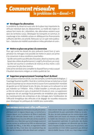 Commentrésoudre
			 leproblèmedu«diesel»?
Les normes euros sont-elles suffisantes ?
Lesnormeseuropéennesd’émissionsdepolluantsatmos-
phériques sont en vigueur depuis 1991. La norme Euro 5
impose depuis 2011 la présence de filtres à particules
(FAP) sur les véhicules diesels neufs. La norme Euro 6
sera obligatoire pour touslesvéhiculesvendusà partir de
septembre 2015. Mais bien que la technologie avance et
que les normes se renforcent les FAPs ne retiennent pas
la totalité des PM2,5, ni des NOx, et engendrent même
des rejets de NO2. Il est donc non seulement faux de
dire que les nouveaux véhicules diesel sont « propres »,
mais encore moins que ce problème a disparu car le
renouvellement du parc automobile s'étale sur 20 ans.
De plus, les tests pratiqués par les constructeurs auto-
mobiles dont sont issues ces mesures ne reflètent pas
la réalité des émissions sur la route car les véhicules
sont faussement optimisés. En particulier, des études
européennes et anglaises ont démontré que les émis-
sions d’oxydes d’azote, nocives pour les poumons, sont
sous-estimées et n’ont même quasiment pas diminué
dans la réalité. (Sources:CE,JRC,2013-King'sCollegeLondon).
☛ Développer les alternatives
Le problème du diesel est aussi celui de la place trop importante du
véhicule individuel dans les déplacements. La moitié des trajets en
voiture font moins de 3 kilomètres, des alternatives existent aussi
dans les territoires ruraux. Développer les transports en commun, le
covoiturage et les mobilités actives en débloquant les financements
suffisants doit être une priorité. Retrouvez sur ce sujet notre publica-
tion :« Solutionsdemobilitésoutenableenmilieupériurbainetrural ».
☛ Mettre en place une prime à la conversion
Pour agir contre les diesels les plus polluants (avant Euro 5) sans
pénaliser les ménages il est possible de mettre en place une prime
à la conversion à deux conditions essentielles :
- Qu’ellesoitouverteauxvéhiculesd’occasion,dieselouessence,satis-
faisantdescritèresdeperformances(120gCO2/kmetEuro5en2015).
- Qu’elle soit soumise à conditions de revenus et d’au moins 1 000
euros pour les plus bas revenus.
Cette primeviendraitainsi compléter le dispositifbonusmalusauquel
il faudrait néanmoins intégrer un critère qualité de l’air.
☛ Supprimer progressivement l’avantage fiscal du diesel
Selonplusieursinstances(OCDE,CourdesComptes,Comitéfiscalitéécologique…)
l'avantagefiscalestinjustifié.L’écartde17centimesdetaxesetraduitparunécart
de prixà la pompe qui se creuse encore à cause d’une surproduction mondiale
de gazole qui en fait baisser le prix. De plus, les taxes sur le carburant ne sont
pas indexées sur l’inflation. Ainsi, il fallait travailler 23 minutes pour acheter
un litre de carburant en 1970, et seulement 8 minutes en 2010. La suppression
progressive de cet avantage fiscal permettra de rentabiliser plus rapidement
les investissements des entreprises et des ménages dans l’amélioration de
l’efficacité énergétique des véhicules et de dégager de nouvelles ressources
pour développer les politiques de mobilité plus soutenables.
17 centimes
 