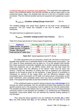 c) Internal loads due to equipment and appliances: The equipment and appliances
used in the conditioned space may add both sensible as well as latent loads to the
conditioned space. Again, the sensible load may be in the form of radiation and/or
convection. Thus the internal sensible load due to equipment and appliances is given
by:
( )( )CLF.FactorUsage.wattageInstalledQ appliances,s = (35.13)
The installed wattage and usage factor depend on the type of the appliance or
equipment. The CLF values are available in the form of tables in ASHARE
handbooks.
The latent load due to appliances is given by:
( ) )fractionheatLatent.(wattageInstalledQ appliance,l = (35.11)
Table 35.4 shows typical load of various types of appliances.
Appliance Sensible load, W Latent load, W Total load, W
Coffee brewer, 0.5 gallons 265 65 330
Coffee warmer, 0.5 gallons 71 27 98
Toaster, 360 slices/h 1500 382 1882
Food warmer/m2
plate area 1150 1150 2300
Table 35.4: Typical appliance load (C.P. Arora)
For other equipment such as computers, printers etc, the load is in the form of
sensible heat transfer and is estimated based on the rated power consumption. The
CLF value for these equipment may be taken as 1.0 as the radiative heat transfer
from these equipment is generally negligible due to smaller operating temperatures.
When the equipment are run by electric motors which are also kept inside the
conditioned space, then the efficiency of the electric motor must be taken into
account. Though the estimation of cooling load due to appliance and equipment
appears to be simple as given by the equations, a large amount of uncertainty is
introduced on account of the usage factor and the difference between rated
(nameplate) power consumption at full loads and actual power consumption at part
loads. Estimation using nameplate power input may lead to overestimation of the
loads, if the equipment operates at part load conditions most of the time.
If the conditioned space is used for storing products (e.g. cold storage) or for
carrying out certain processes, then the sensible and latent heat released by these
specific products and or the processes must be added to the internal cooling loads.
The sensible and latent heat release rate of a wide variety of live and dead products
commonly stored in cold storages are available in air conditioning and refrigeration
handbooks. Using these tables, one can estimate the required cooling capacity of
cold storages.
Thus using the above equations one can estimate the sensible (Qs,r), latent
(Ql,r) and total cooling load (Qt,r) on the buildings. Since the load due to sunlit
Version 1 ME, IIT Kharagpur 13
 