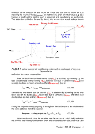 condition of the outdoor air and return air. Since the load due to return air duct
including the return air fan (Qreturn duct) are not known a priori an initial value (e.g. as a
fraction of total building cooling load) is assumed and calculations are performed.
This value is modified at the end by taking into account the actual leakage losses
and return fan power consumption.
A/C Room
ti, Wi, hi
mvent
me= mvent
ms
mrc
Cooling coil
Supply fan
Return fan
By-pass (X)
Qs,r, Ql,r
Qt,c=Qs,c+Ql,c
Supply duct losses
Return duct losses
Fig.35.2: A typical summer air conditioning system with a cooling coil of non-zero
by-pass factor
Now the total sensible load on the coil (Qs,c) is obtained by summing up the
total sensible load on the building (Qs,r), sensible load due to ventilation (Qs,vent) and
sensible load due to return air duct and fan (Qs,retrun duct), that is:
ductreturn,svent,sr,sc,s QQQQ ++= (35.15)
Similarly the total latent load on the coil (Ql,c) is obtained by summing up the total
latent load on the building (Ql.r), latent load due to ventilation (Ql,vent) and latent load
due to return air duct and fan (Ql,retrun duct), that is:
ductreturn,lvent,lr,lc,l QQQQ ++= (35.15)
Finally the required cooling capacity of the system which is equal to the total load on
the coil is obtained from the equation:
c,lc,sc,t QQQ,capacitycoolingquiredRe += (35.16)
One can also calculate the sensible heat factor for the coil (CSHF) and draw
the process line on the psychrometric chart and find the required coil Apparatus Dew
Version 1 ME, IIT Kharagpur 15
 