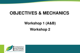 OBJECTIVES & MECHANICS
Workshop 1 (A&B)
Workshop 2
 