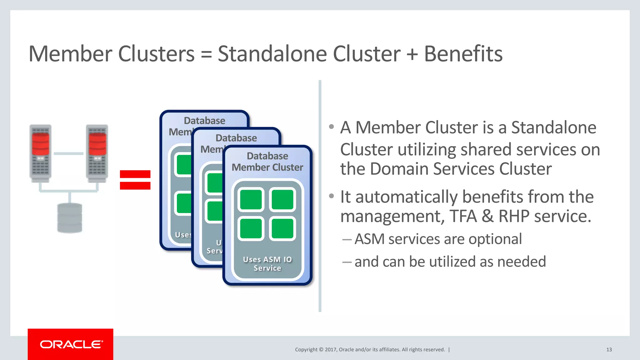 Copyright © 2017, Oracle and/or its affiliates. All rights reserved. |
• A Member Cluster is a Standalone
Cluster utilizing shared services on
the Domain Services Cluster
• It automatically benefits from the
management, TFA & RHP service.
– ASM services are optional
– and can be utilized as needed
13
Member Clusters = Standalone Cluster + Benefits
Database
Member Cluster
Uses local ASM
Database
Member Cluster
Uses ASM
Service of DSC
Database
Member Cluster
Uses ASM IO
Service
 
