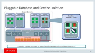 Copyright © 2017, Oracle and/or its affiliates. All rights reserved. |
Database
Member Cluster
Uses ASM Service
19
Pluggable Database and Service Isolation
Provides higher Isolation in Member Cluster Consolidated Environments
 