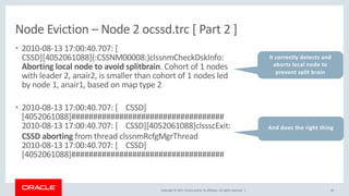 Copyright © 2017, Oracle and/or its affiliates. All rights reserved. |
Node Eviction – Node 2 ocssd.trc [ Part 2 ]
• 2010-08-13 17:00:40.707: [
CSSD][4052061088](:CSSNM00008:)clssnmCheckDskInfo:
Aborting local node to avoid splitbrain. Cohort of 1 nodes
with leader 2, anair2, is smaller than cohort of 1 nodes led
by node 1, anair1, based on map type 2
• 2010-08-13 17:00:40.707: [ CSSD]
[4052061088]###################################
2010-08-13 17:00:40.707: [ CSSD][4052061088]clssscExit:
CSSD aborting from thread clssnmRcfgMgrThread
2010-08-13 17:00:40.707: [ CSSD]
[4052061088]###################################
33
it correctly detects and
aborts local node to
prevent split brain
And does the right thing
 