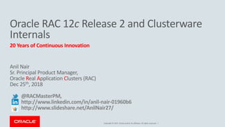 Copyright © 2017, Oracle and/or its affiliates. All rights reserved. |
Oracle RAC 12c Release 2 and Clusterware
Internals
Anil Nair
Sr. Principal Product Manager,
Oracle Real Application Clusters (RAC)
Dec 25th, 2018
@RACMasterPM,
http://www.linkedin.com/in/anil-nair-01960b6
http://www.slideshare.net/AnilNair27/
20 Years of Continuous Innovation
 