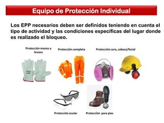Los EPP necesarios deben ser definidos teniendo en cuenta el
tipo de actividad y las condiciones específicas del lugar donde
es realizado el bloqueo.
Equipo de Protección Individual
 