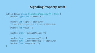 SignalingProperty.swi1
public final class SignalingProperty<T>: Sink {
public typealias Element = T
public let signal: Signal<T>
// setするとsignalのオブザーバーに通知される
public var value: T
public init(_ defaultValue: T)
public func __conversion() -> T
public func __conversion() -> Signal<T>
public func put(value: T)
}
 
