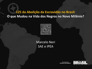 125 da Abolição da Escravidão no Brasil:
O que Mudou na Vida dos Negros no Novo Milênio?
Marcelo Neri
SAE e IPEA
 