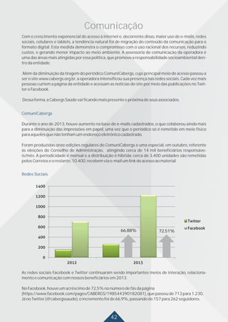 42
Comunicação
ComuniCabergs
Durante o ano de 2013, houve aumento na base de e-mails cadastrados, o que colaborou ainda mais
para a diminuição das impressões em papel, uma vez que o periódico só é remetido em meio físico
paraaquelesquenãotenhamumendereçoeletrônicocadastrado.
Foram produzidas onze edições regulares do ComuniCabergs e uma especial, em outubro, referente
às eleições do Conselho de Administração, atingindo cerca de 14 mil beneficiários responsáve-
is/mês. A periodicidade é mensal e a distribuição é híbrida: cerca de 3.400 unidades são remetidas
pelosCorreioseorestante,10.400,recebemviae-mailumlinkdeacessoaomaterial.
72,51%66,88%
As redes sociais Facebook e Twitter continuaram sendo importantes meios de interação, relaciona-
mentoecomunicaçãocomnossosbeneficiáriosem2013.
NoFacebook,houveumacréscimode72,5%nonúmerodefãsdapágina
(https://www.facebook.com/pages/CABERGS/198544390182081),quepassoude713para1.230.
JánoTwitter(@cabergssaude),oincrementofoide66,9%,passandode157para262seguidores.
Redes Sociais
Com o crescimento exponencial do acesso à internet e, decorrente disso, maior uso de e-mails, redes
sociais, celulares e tablets, a tendência natural foi de migração do conteúdo da comunicação para o
formato digital. Esta medida demonstra o compromisso com o uso racional dos recursos, reduzindo
custos, e gerando menor impacto ao meio ambiente. A assessoria de comunicação da operadora é
uma das áreas mais atingidas por essa política, que promove a responsabilidade socioambiental den-
trodaentidade.
Além da diminuição da tiragem do periódico ComuniCabergs, cujo principal meio de acesso passou a
ser o site www.cabergs.org.br, a operadora intensificou sua presença nas redes sociais. Cada vez mais
pessoas curtem a página da entidade e acessam as notícias do site por meio das publicações no Twit-
tereFacebook.
Dessaforma,aCabergsSaúdevaificandomaispresenteepróximadeseusassociados.
 