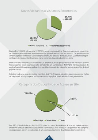 44
Categoria dos Dispositivos de Acesso ao Site
Das 390.478 mil visitas ao site, 95,62% foram por meio de desktop e 4,38% via mobile, ou seja,
smartfone (celular) e tablets. Fica evidente a prevalência pelo acesso ao site por meio dos computa-
dorespessoais,porém atendênciaédeumprogressivoaumentodautilizaçãodosmeiosmóveis.
Do total de 390.478 mil acessos, 32,80% foram de novos usuários. Essa taxa representa a quantida-
de de novas pessoas (tecnicamente novos IPs) que entraram no site, no período. Em geral sites com
uma situação de otimização saudável apresentam uma alta taxa de novas visitas. Quanto maior a por-
centagemdenovosvisitantes,maisamarcavaisendodisseminadainternetafora.
Essasvisitasforamfeitasporumtotalde135.335milusuários,quepermaneceram,emmédia,5minu-
tos navegando pelas páginas do site, perfazendo um somatório de 1.807.243 mi visualizações de
página (contabilizando as visualizações repetidas de uma única página), o que dá uma média de 4,63
páginas/visita.
Foi observada uma taxa de rejeição na ordem de 21%. A taxa de rejeição é a percentagem de visitas
depáginaúnicaemqueapessoaabandonaositenapáginadeentradaseminteragircomessa.
Novos Visitantes x Visitantes Recorrentes
 