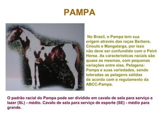 PAMPA
No Brasil, o Pampa tem sua
origem através das raças Berbere,
Crioulo e Mangalarga, por isso
não deve ser confundido com o Paint
Horse. As características raciais são
quase as mesmas, com pequenas
variações entre elas. Pelagens:
Pampa e suas variedades, sendo
toleradas as pelagens sólidas
de acordo com o regulamento da
ABCC-Pampa.
O padrão racial do Pampa pode ser dividido em cavalo de sela para serviço e
lazer (SL) - médio. Cavalo de sela para serviço de esporte (SE) - médio para
grande.
 