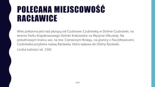 POLECANA MIEJSCOWOŚĆ
RACŁAWICE
Wieś położona jest nad płynącą od Czubrowic Czubrówką w Dolinie Czubrówki, na
terenie Parku Krajobrazowego Dolinki Krakowskie na Wyżynie Olkuskiej. Na
południowym krańcu wsi, na tzw. Czerwonym Brzegu, na granicy z Paczółtowicami,
Czubrówka przybiera nazwę Racławka, która wpływa do Doliny Racławki.
Liczba ludności ok. 1542
WSB
 