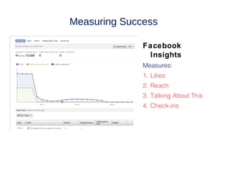 Measuring Success

              Facebook
               Insights
              Measures:
              1. Likes
              2. Reach
              3. Talking About This
              4. Check-ins
 