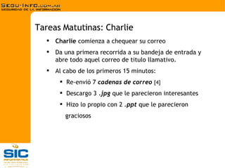 Charlie  comienza a chequear su correo Da una primera recorrida a su bandeja de entrada y abre todo aquel correo de titulo llamativo. Al cabo de los primeros 15 minutos: Re-envió 7  cadenas de correo  [4] Descargo 3  .jpg  que le parecieron interesantes Hizo lo propio con 2  .ppt  que le parecieron graciosos Tareas Matutinas: Charlie 