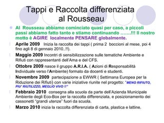 Tappi e Raccolta differenziata  al Rousseau Al  Rousseau abbiamo cominciato quasi per caso, a piccoli passi abbiamo fatto tanto e stiamo continuando …….!!! Il nostro motto è  AGIRE  localmente PENSARE globalmente. Aprile 2009  Inizia la raccolta dei tappi ( prima 2  boccioni al mese, poi 4 fino agli 8 di gennaio 2010..!!). Maggio 2009  Incontri di sensibilizzazione sulle tematiche Ambiente e Rifiuti con rappresentanti dell’Ama e del CFS .  Ottobre 2009  nasce il gruppo  A.R.I.A.  (  A zioni di  R esponsabilità  I ndividuale verso l’ A mbiente)   formato da docenti e studenti . Novembre 2009  partecipazione a EWWR ( Settimana Europea per la Riduzione dei Rifiuti )  con varie iniziative riunite nel progetto:  “ MENO RIFIUTO, PIU’ RIUTILIZZO, MEGLIO VIVO !!”  Febbraio 2010  consegna alla scuola da parte dell’Azienda Municipale Ambiente degli Eco-Box per la raccolta differenziata, e posizionamento dei cassonetti “grandi utenze” fuori da scuola. Marzo 2010  inizia la raccolta differenziata di carta, plastica e lattine. 