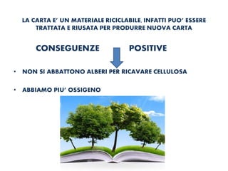 LA CARTA E’ UN MATERIALE RICICLABILE, INFATTI PUO’ ESSERE
TRATTATA E RIUSATA PER PRODURRE NUOVA CARTA
CONSEGUENZE POSITIVE
• NON SI ABBATTONO ALBERI PER RICAVARE CELLULOSA
• ABBIAMO PIU’ OSSIGENO