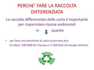 PERCHE’ FARE LA RACCOLTA
DIFFERENZIATA
La raccolta differenziata della carta è importante
per risparmiare risorse ambientali
in quanto
• per fare una tonnellata di carta occorrono ben
15 alberi, 440.000 litri d’acqua e 7.600 Kwh di energia elettrica