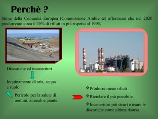 Perchè ?
Stime della Comunità Europea (Commissione Ambiente) affermano che nel 2020
produrremo circa il 45% di rifiuti in più rispetto al 1995.
Discariche ed inceneritori
Inquinamento di aria, acqua
e suolo
Pericolo per la salute di
uomini, animali e piante
Produrre meno rifiuti
Riciclare il più possibile
Inceneritori più sicuri e usare le
discariche come ultima risorsa
 