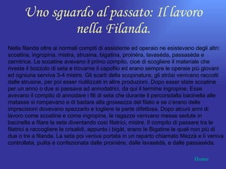 Uno sguardo al passato: Il lavoro
              nella Filanda.
Nella filanda oltre ai normali compiti di assistente ed operaio ne esistevano degli altri:
scoatina, ingropina, mistra, strusina, bigatina, proinèra, lavaséda, passaséda e
cernitrice. Le scoatine avevano il primo compito, cioè di scogliere il materiale che
riveste il bozzolo di seta e trovarne il capofilo ed erano sempre le operaie più giovani
ed ogniuna serviva 3-4 mistre. Gli scarti della scopinature, gli stròsi venivano raccolti
dalle strusine, per poi esser riutilizzati in altre produzioni. Dopo esser state scoatine
per un anno o due si passava ad annodatrici, da qui il termine ingropine. Esse
avevano il compito di annodare i fili di seta che durante il percorsdalla bacinella alle
matasse si rompevano e di badare alla grossezza del filato e se c’erano delle
imprecisioni dovevano spezzarlo e togliere la parte difettosa. Dopo alcuni anni di
lavoro come scoatine e come ingropine, le ragazze venivano messe sedute in
bacinella a filare la seta diventando così filatrici, mistre. Il compito di passare tra le
filatrici a raccogliere le crisalidi, appunto i bigàt, erano le Bigatine le quali non più di
due o tre a filanda. La seta poi veniva portata in un reparto chiamato Mezzà e lì veniva
controllata, pulita e confezionata dalle proinière, dalle lavasédà, e dalle passaséda.

                                                                               Home
 