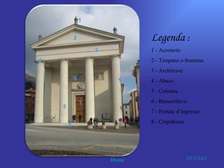 1


            2                  Legenda :
                    3          1 - Acroterio
4                              2 - Timpano o frontone
                               3 - Architrave
            6                  4 - Abaco
                               5 - Colonna

                7              6 - Bassorilievo
    5
                               7 - Portale d’ingresso
                               8 - Crepidoma
        8




                        Home                    DUOMO
 
