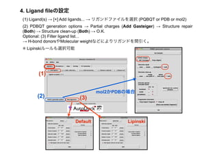 4. Ligand fileの設定
(1) Ligand(s) → [+] Add ligands... → リガンドファイルを選択 (PQBQT or PDB or mol2)
(2) PDBQT generation options → Partial charges (Add Gasteiger) → Structure repair
(Both) → Structure clean-up (Both) → O.K.
Optional: (3) Filter ligand list...
→ H-bond donorsやMolecular weightなどによりリガンドを間引く。
※ Lipinskiルールも選択可能




       (1)


                                   mol2かPDBの場合
       (2)                 (3)



                         Default                  Lipinski
 