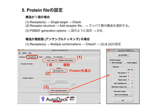 5. Protein fileの設定
 構造が１個の場合
 (1) Recepter(s) → Single target → Check
 (2) Receptor structure → Add receptor file... → タンパク質の構造を選択する。
 (3) PDBQT generation options → 図のように設定 → O.K.

 構造が複数個 (アンサンブルドッキング) の場合
 (1) Recepter(s) → Multiple conformations → Check!! → (2) & (3)の設定



                                   (1)
              １個          複数
                              Proteinを選ぶ
              (2)


             (3)
 