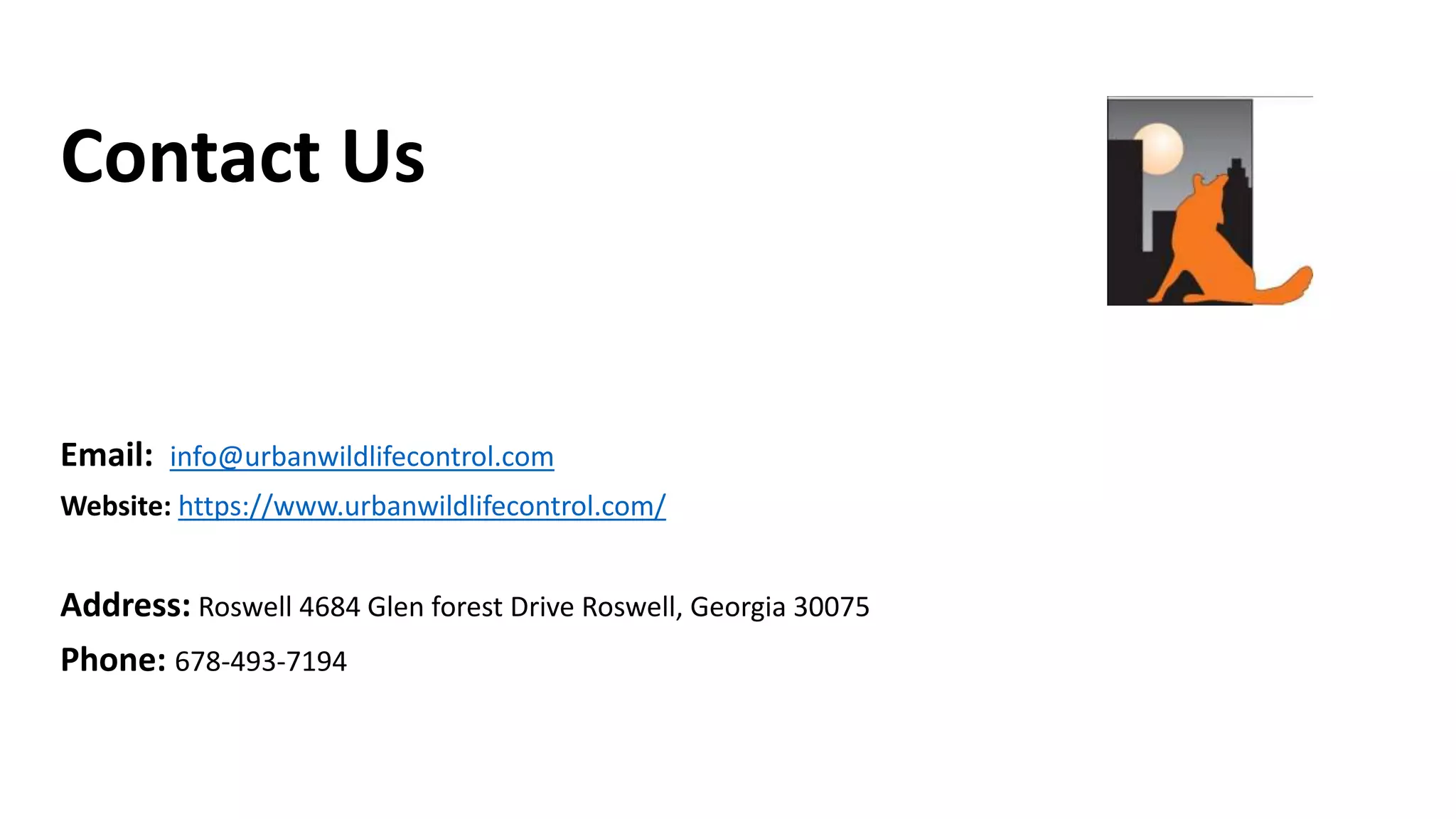 Contact Us
Email: info@urbanwildlifecontrol.com
Website: https://www.urbanwildlifecontrol.com/
Address: Roswell 4684 Glen forest Drive Roswell, Georgia 30075
Phone: 678-493-7194
 