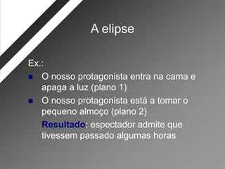 A elipse

Ex.:
 O nosso protagonista entra na cama e
   apaga a luz (plano 1)
 O nosso protagonista está a tomar o
   pequeno almoço (plano 2)
   Resultado: espectador admite que
   tivessem passado algumas horas
 