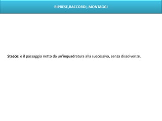 RIPRESE,RACCORDI, MONTAGGI




Stacco: è il passaggio netto da un’inquadratura alla successiva, senza dissolvenze.
 