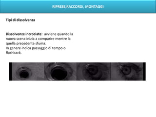 RIPRESE,RACCORDI, MONTAGGI


Tipi di dissolvenza


Dissolvenze incrociate: avviene quando la
nuova scena inizia a comparire mentre la
quella precedente sfuma.
In genere indica passaggio di tempo o
flashback.
 
