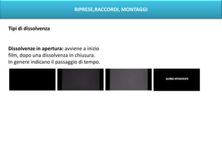 RIPRESE,RACCORDI, MONTAGGI


Tipi di dissolvenza


Dissolvenze in apertura: avviene a inizio
film, dopo una dissolvenza in chiusura.
In genere indicano il passaggio di tempo.
 